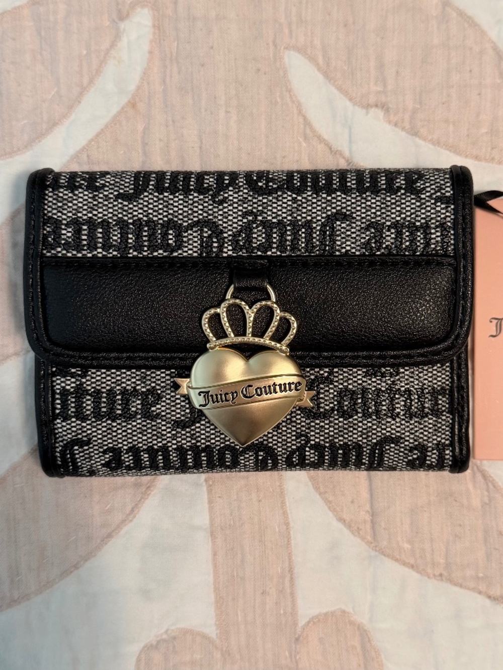 NWT - Juicy Couture Black Monogram Trifold Wallet Gold Heart Charm